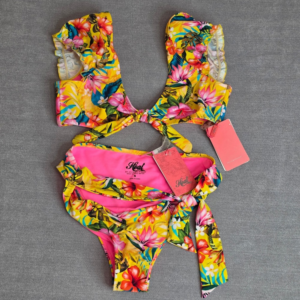 Heat Swimwear Shell Lei Bikini Set Womens Small Yellow Floral Ruffle Front Tie